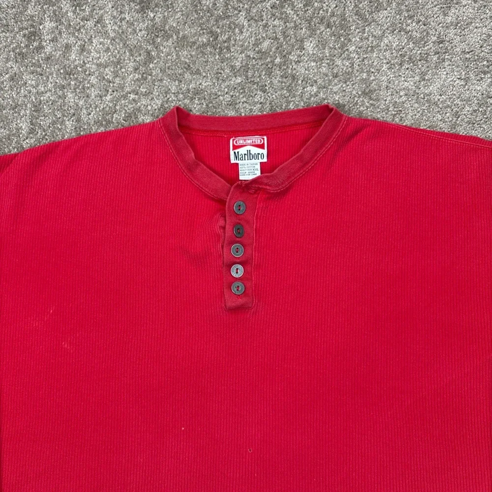 Vintage 90s Marlboro Unlimited Red Waffle Knit Long Sleeve Henley Shirt XXL‎